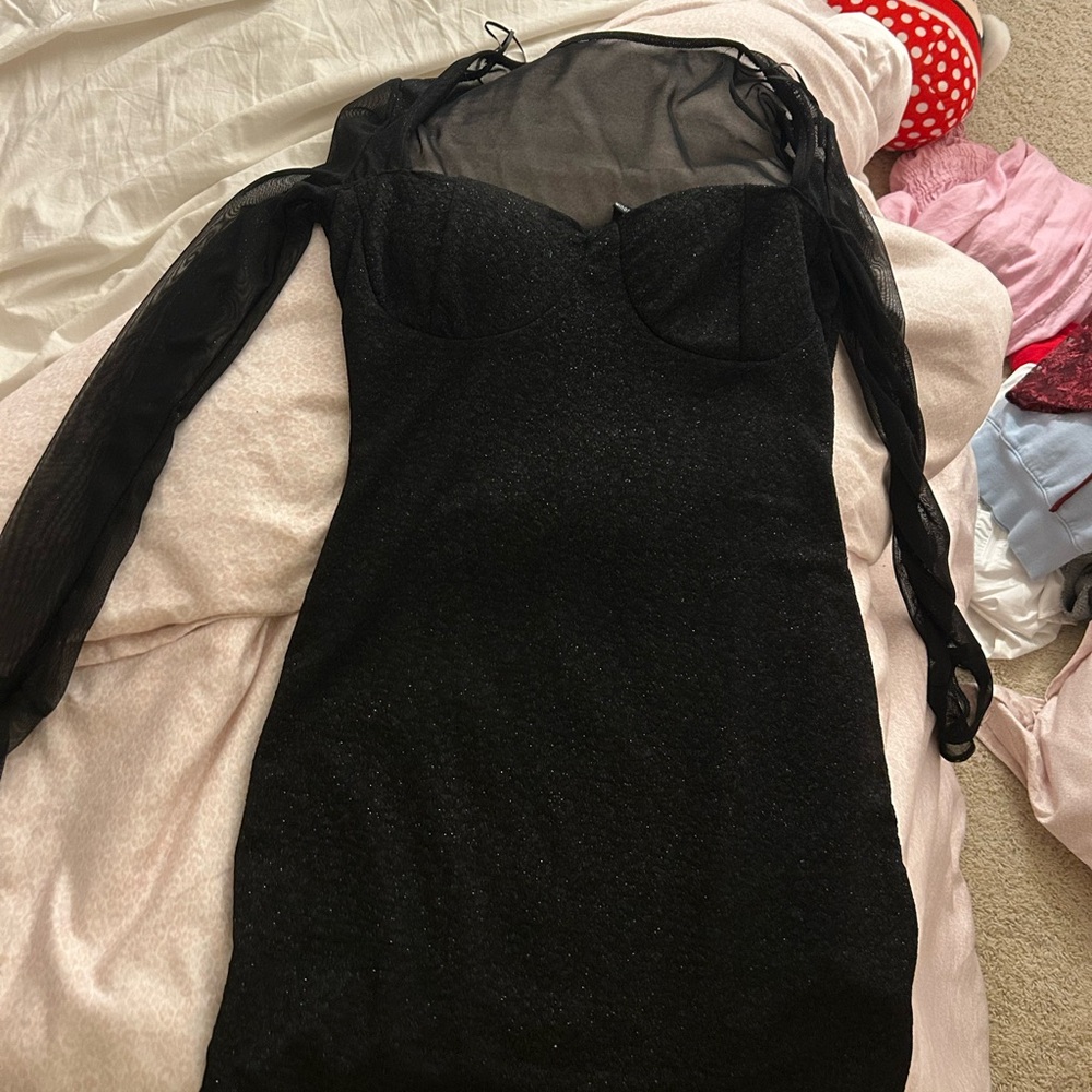 Black Mesh Glitter Long-Sleeve Party Dress